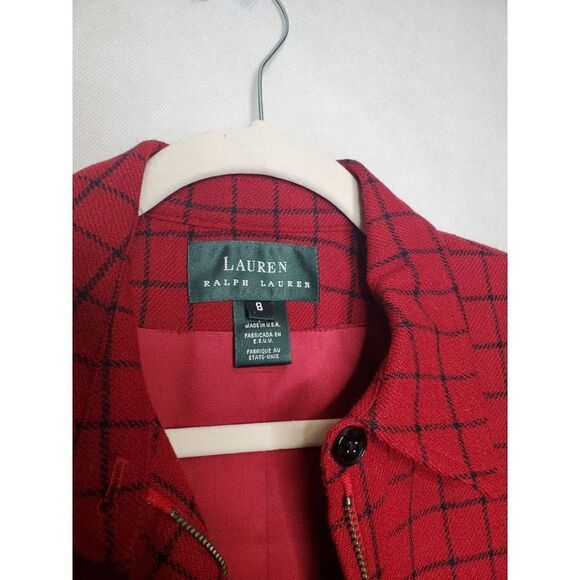 Lauren Ralph Lauren Window Pane Plaid Academia Red Wool Blazer Full Zip Jacket - Picture 4 of 11